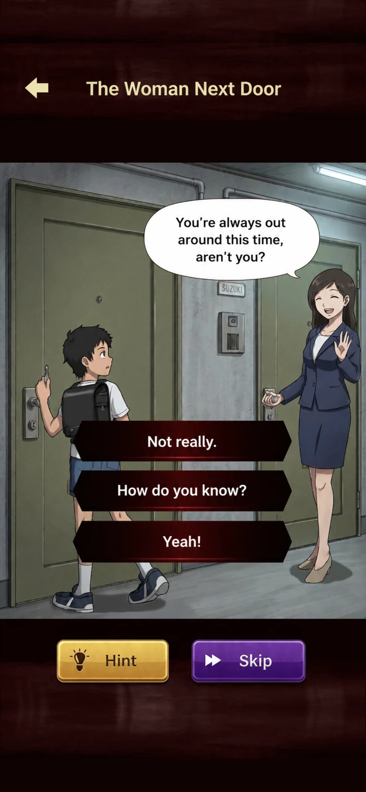 Twisted Story store screenshot: a boy and a woman discussing his routine in an apartment hallway.