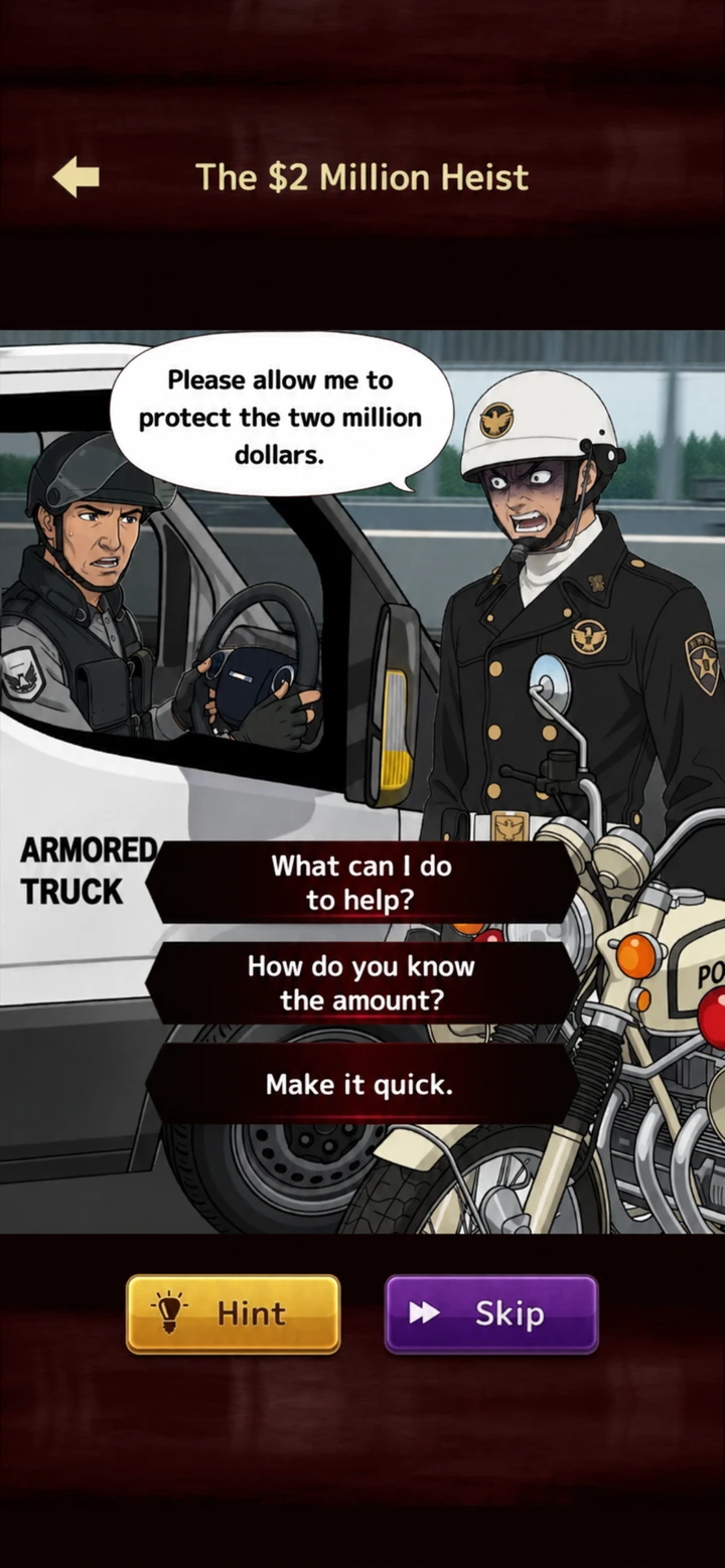 Twisted Story store screenshot: a guard near an armored truck offers three dialogue choices.
