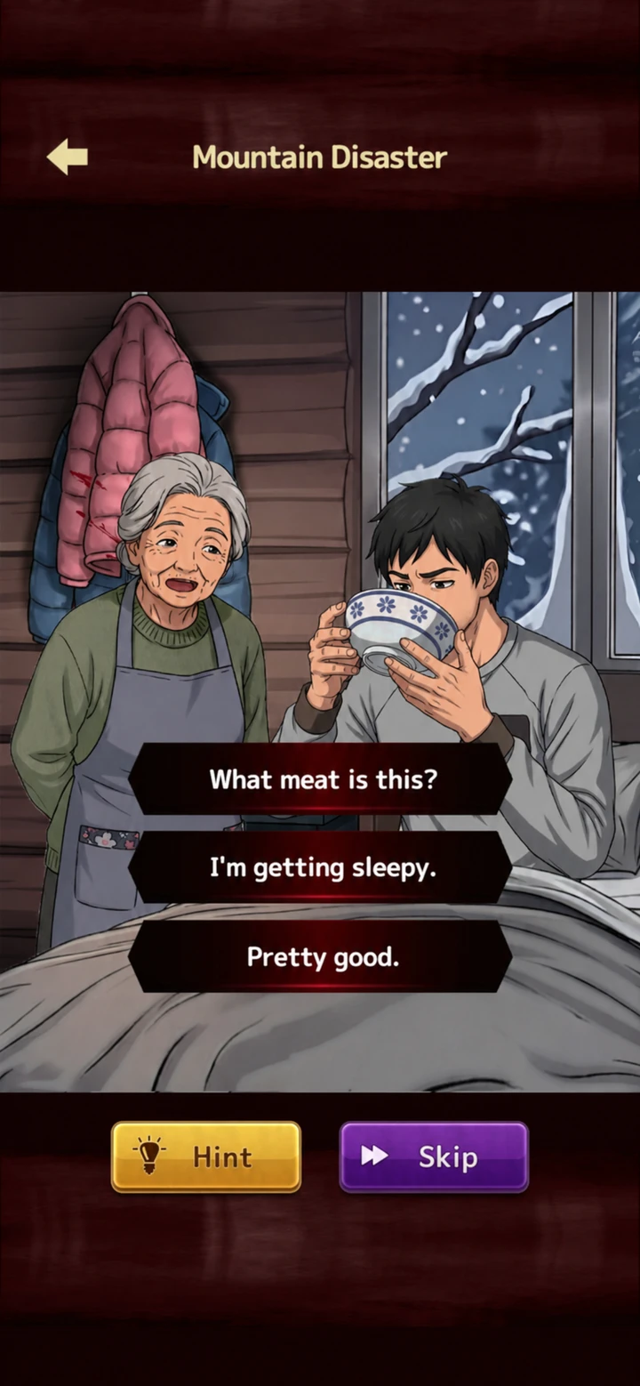 Twisted Story store screenshot: a man holding a bowl in a snowy shelter with an older woman.